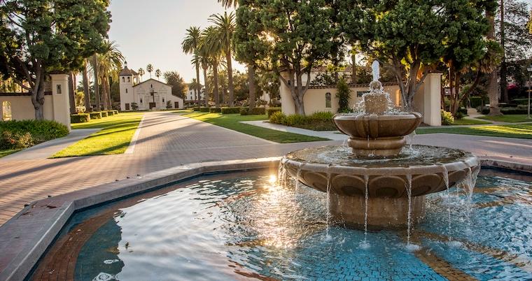 View of Fountain on Palm Drive, leading up to the Mission Church.