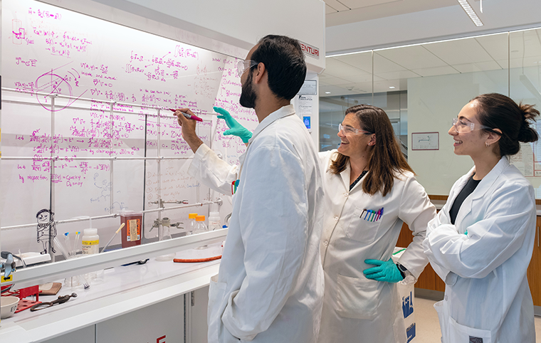 Two professors (one man, one woman) and a woman student work out an equation on a piece of glass in a lab.