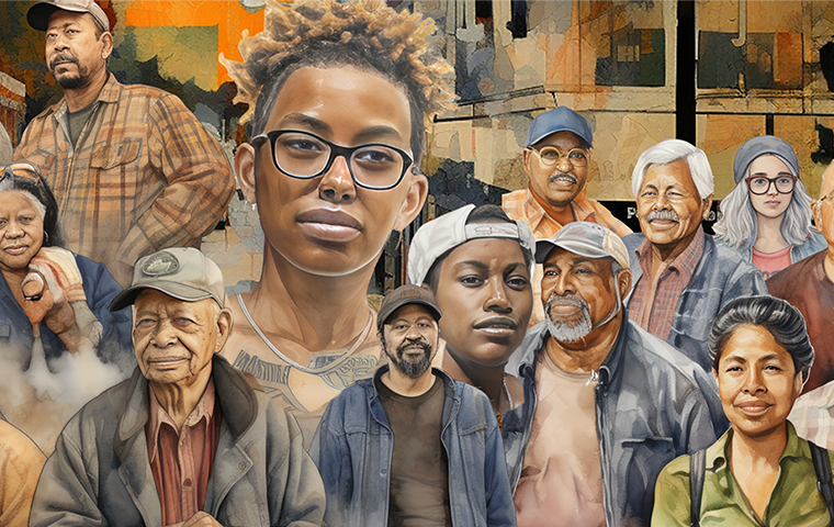 Illustration of the faces of various members of a community next to each other in a collage. People of a variety of ages and ethnicities are featured.