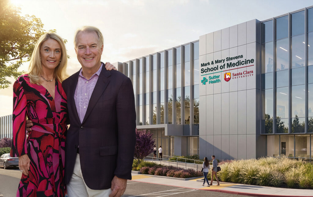 Mark and Mary Stevens in formal wear standing in front of a rendering of the new Sutter Health and Santa Clara University medical school building.