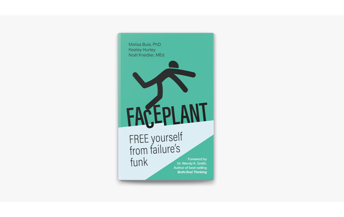Cover of the book Faceplant which features a teal background and a stick figure tripping and falling forward.