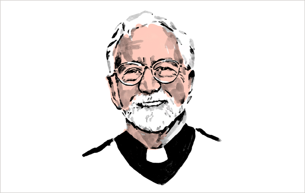 Line drawing and watercolor art of a man with a white beard and reddish skin