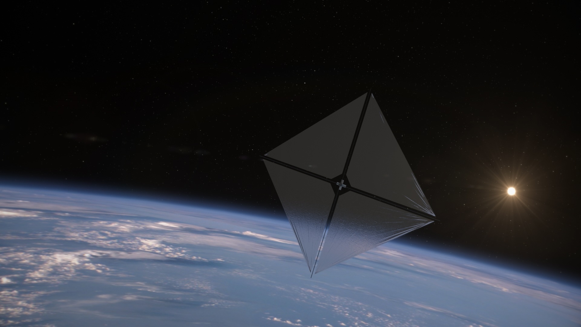 A solar sail floats above Earth with the Sun in the background.