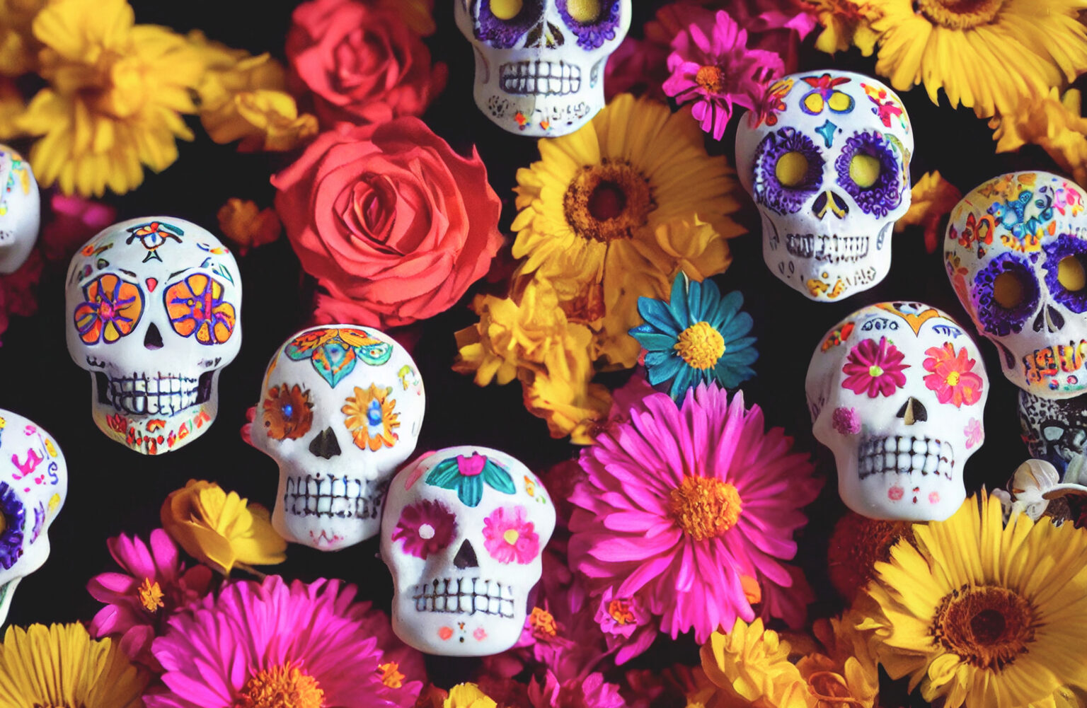 colorful display of sugar skulls and flowers